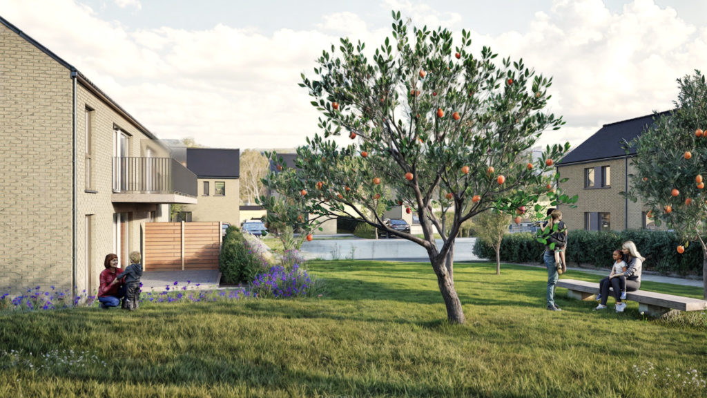 Espaces verts et chemins piétons dans le lotissement à Lustin